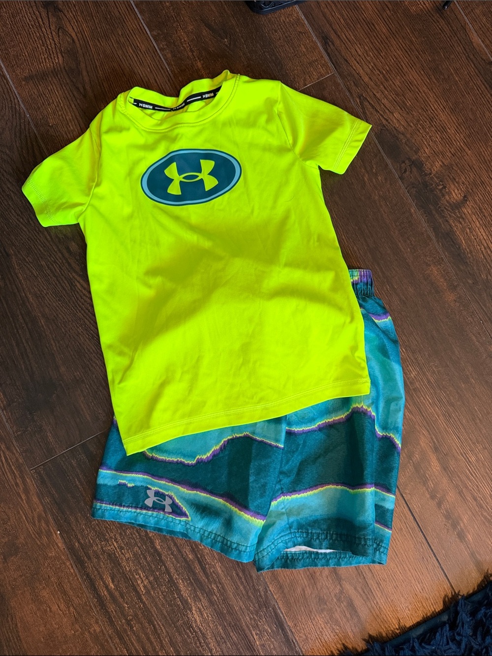 Under Armour Neon Yellow Logo Tee with Teal Blue Patterned Shorts